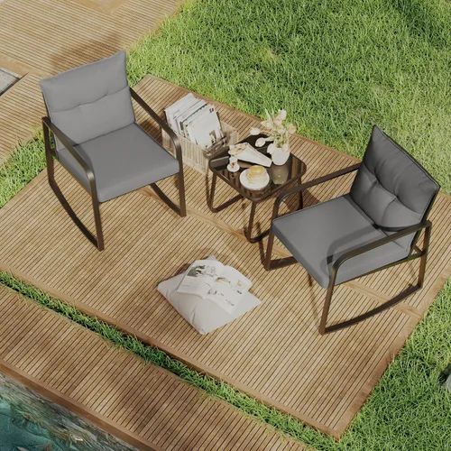 Miniatura 8 de Gizoon Juego de 3 piezas de muebles de patio de acero negro, juego de conversación de sillas de porche con mesa de café de cristal, cojín de Cojín
