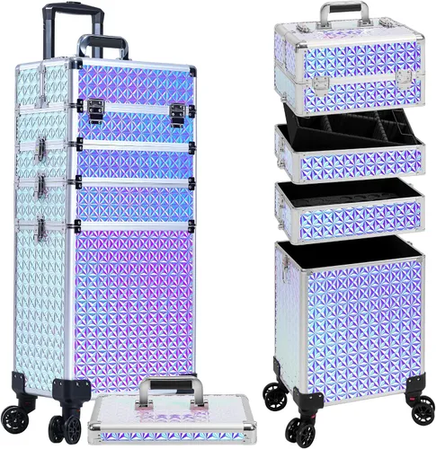 Miniatura 9 de AROUS Estuche de maquillaje rodante 5 en 1, estuche de cosmetología con ruedas, organizador cosmético grande, carro de viaje para estilista