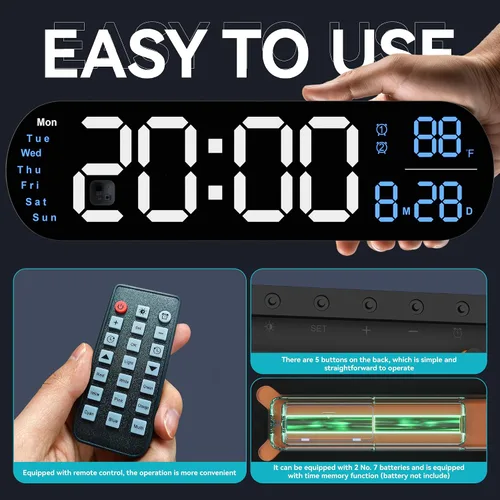 Miniatura 3 de Relojes de pared grandes de 13.7 pulgadas, reloj de pared de cocina con control remoto, luz nocturna RGB, atenuación automática de brillo, doble