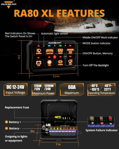 Miniatura 5 de Auxbeam Panel de interruptores RGB de 5 pulgadas, grande, 8 cuadras, panel de interruptor RA80 XL, pulsado momentáneo, 12 V, panel de interruptor