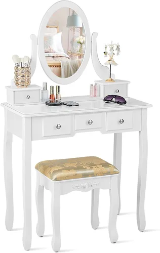 Miniatura 18 de CHARMAID Juego de tocador de maquillaje con espejo y taburete acolchado, tocador con 5 cajones y organizadores de almacenamiento extraíbles, mesa