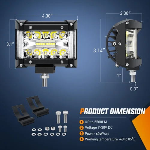 Miniatura 2 de Nilight Barra de Luz Lateral de Disparo 2 PCS 4.3 Pulgadas Triple Fila Combo Spot Flood para Iluminación de Trabajo de Conducción Todoterreno