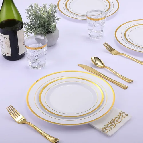 Miniatura 6 de FOCUSLINE Juego de 102 platos de plástico dorados, desechables, resistentes, 51 platos llanos y 51 platos de postre, elegante plato de plástico