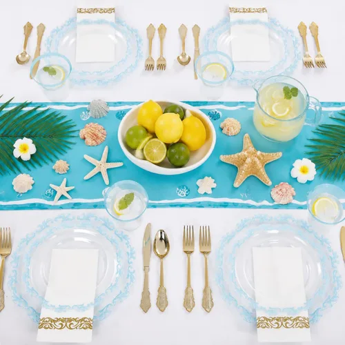 Miniatura 8 de PULOTE Juego de 175 piezas de platos de plástico transparentes y azules - Juego de vajilla desechable con borde azul - Incluye 25 platos de cena, 25