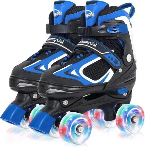 MammyGol Patines de ruedas para niños y niñas, patines cuádruples de 4 tamaños ajustables para niños con todas las ruedas que se iluminan, Azul