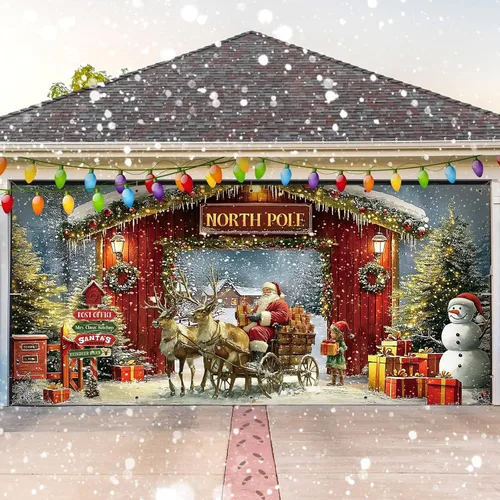 Ganeen Cubierta de Banner para Puerta de Garaje de Navidad de 6 x 13 pies Polo Norte Árbol de Navidad Nevado Fondo de Fotografía Bosque de Invierno