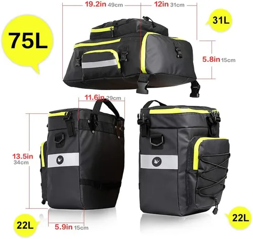 Miniatura 3 de Conjunto de bolsas de alforja de bicicleta Rhinowalk para portaequipajes de bicicleta, bolsa de sillín, bolsa de hombro, bolsa de alforja para Negro