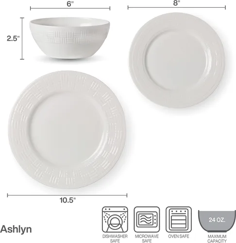 Miniatura 3 de Mikasa Ashlyn Juego de Vajilla de Porcelana Ósea Vegana Resistente a Astillas de 12 Piezas, Servicio para 4