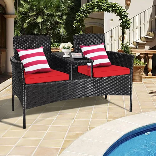 Miniatura 8 de LDAILY Juego de conversación para patio, sofá biplaza de ratán moderno, juego de muebles para exteriores con cojines y mesa extraíbles, juego de Rojo