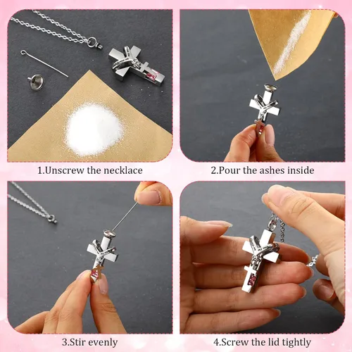 Miniatura 41 de 16 piezas de collar de urna para cenizas, medallón de cenizas talladas de acero inoxidable impermeable con 8 kit de relleno, cilindro de corazón