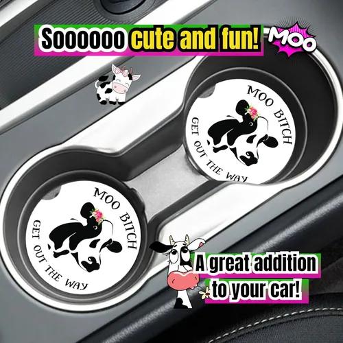 Miniatura 2 de Posavasos de vaca para coche para portavasos - 2 unidades, lindos accesorios de vaca para mujer con estampado de vaca, divertidos artículos de vacas