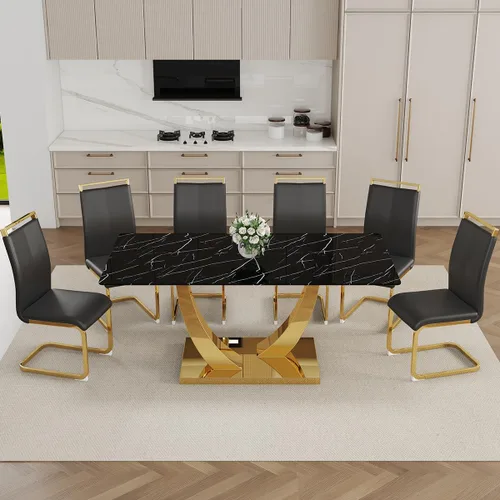 Miniatura 3 de Juego de Mesa de Comedor Negra para 6, Mesa de Comedor de Mármol Falso de 71" para 6, Juego de Mesa de Cocina Rectangular con Sillas de Cuero PU