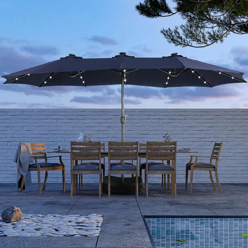 Miniatura 7 de MONDAWE Paraguas de patio de 15 pies con luces solares (base incluida) sombrilla grande de doble cara de aluminio rectangular de aluminio para mesa