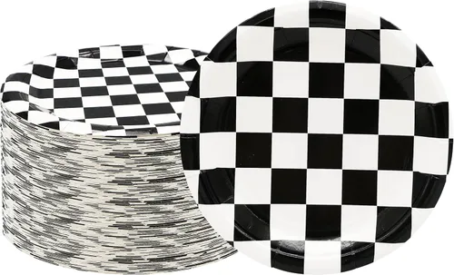 40 piezas de suministros para fiesta de cumpleaños de autos de carreras, suministros de fiesta a cuadros en blanco y negro, plato de papel a cuadros