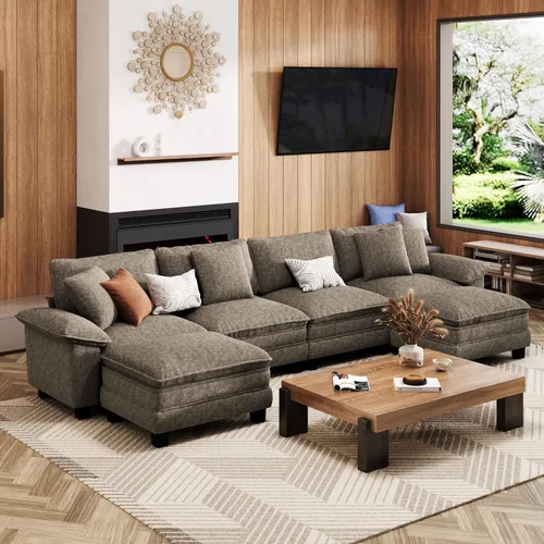 Miniatura 66 de MIXPATIO Sofá modular en forma de L de 123 pulgadas con cojines de nube, juego de sofá modular de asiento profundo con 4 asientos y 1 otomana, Gris