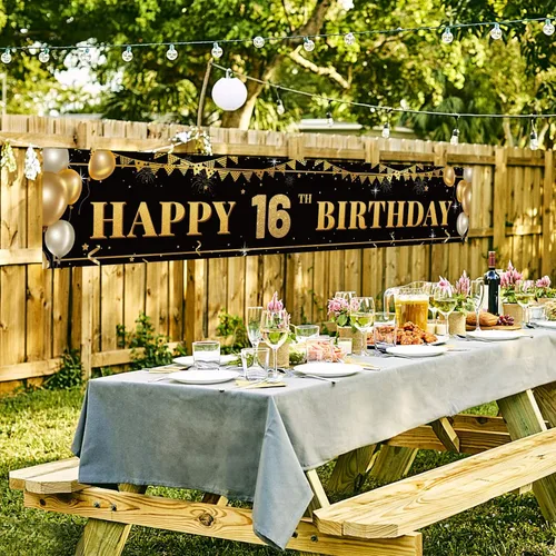 Miniatura 7 de Cartel grande de decoración de cumpleaños número 16, cartel de feliz cumpleaños número 16 negro y dorado, suministros de decoración de fiesta