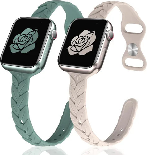 Miniatura 10 de JR.DM - Paquete de 2 bandas de silicona grabadas compatibles con Apple Watch de 38/40/41/42/44/45/46/49 mm, correa delgada y femenina de hoja