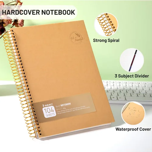 Miniatura 5 de Cuaderno de espiral grande de 8.5 x 11 con 3 divisiones, cuaderno de espiral de tapa dura para tomar notas, 120 hojas, cuaderno cuadriculado