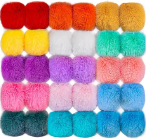 Miniatura 9 de BQTQ 30 pompones de piel sintética con lazo elástico, pompones esponjosos de piel de conejo sintética para sombreros, bufandas, guantes, bolsas