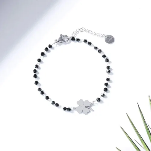 Miniatura 4 de Pulsera de trébol de cuatro hojas con dije de plata 925 con cuentas negras, pulsera ajustable con dije de la suerte simple para mujer