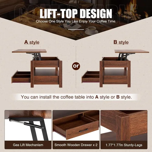 Miniatura 6 de Rolanstar - Mesa auxiliar, mesa de centro con cajones y compartimento oculto, mesa central retro con tablero de elevación de madera, para sala