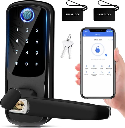 Cerradura de puerta inteligente con asa, cerradura digital de entrada sin llave para puerta delantera/interior, cerraduras exteriores de huellas