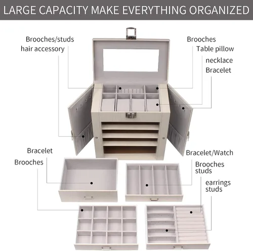 Miniatura 8 de FEIYAN Joyero para mujer de 5 capas de cuero organizador de joyas con cajonesespejo caja de joyería blanca grande para collares anillos aretes