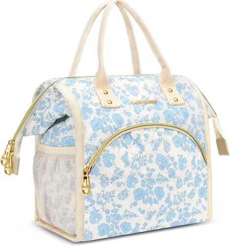 Miniatura 10 de Bolsa de almuerzo aislada para mujer, bolsa de almuerzo de apertura amplia, soporte grande para bebidas, organizador térmico de nailon duradero