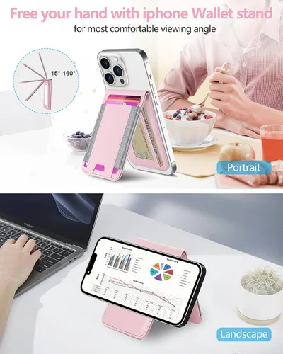 Miniatura 2 de ExtreLife para billetera Magsafe, soporte ajustable, ventana de identificación abierta, billetera magnética para iPhone 17/16/15/14 Pro Max/14 Rosa