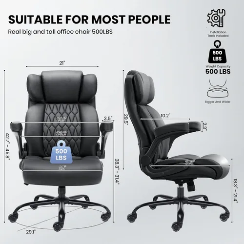 Miniatura 3 de Silla de oficina grande y alta de 500 libras, soporte lumbar ajustable para dolor de espalda, asiento extra ancho, silla de oficina ejecutiva, Negro