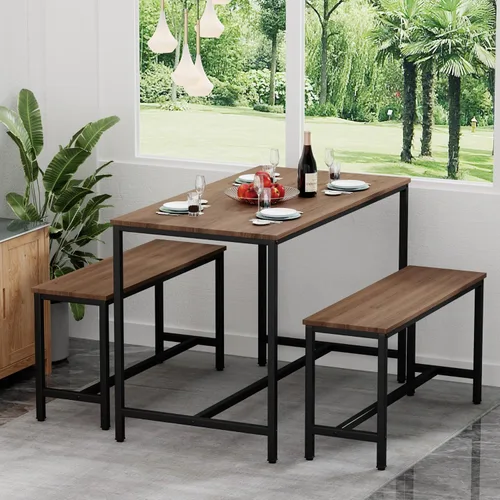Miniatura 2 de Yongchuang Juego de mesa de comedor de cocina de 44 pulgadas para 4, mesa de cocina de 3 piezas con 2 bancos para comedor, espacio pequeño, mesa