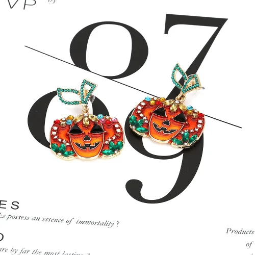 Miniatura 7 de Aretes de calabaza de Halloween para mujer, aretes colgantes de calabaza de cristal rojo, gato negro, calabaza roja, aretes de calabaza de Acción