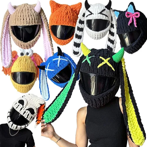 Miniatura 4 de Lindas fundas para casco de motocicleta con orejas de gato/conejo, cubierta de decoración de casco de cara completa divertida de felpa, gorro