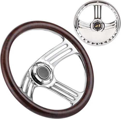 Miniatura 6 de EVGATSAUTO Volante de 13.780 in (14 pulgadas) de agarre de grano de madera oscura - Volante de 6 pernos cromado de 3 radios estilo vintage, ajuste