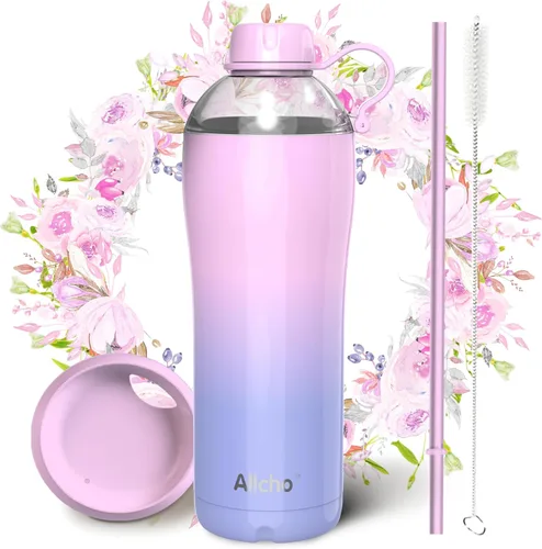 Miniatura 24 de Bow - Botella de agua aislada para mujeres, botellas de agua de acero inoxidable de 18 oz, de doble pared, 2 tapas (para beber y vaso) - Hidrata
