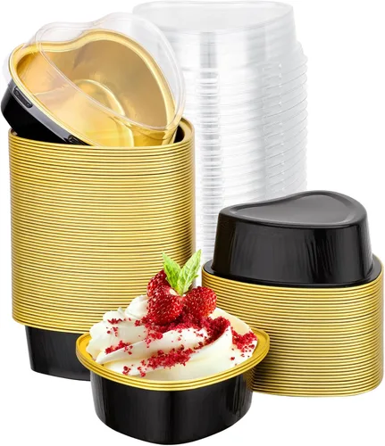 Miniatura 8 de EUSOAR Moldes para hornear en forma de corazón, de papel de aluminio, de 3.4 onzas, con tapas, aperitivos, postres, flan, cupcakes, tartas, ramekin