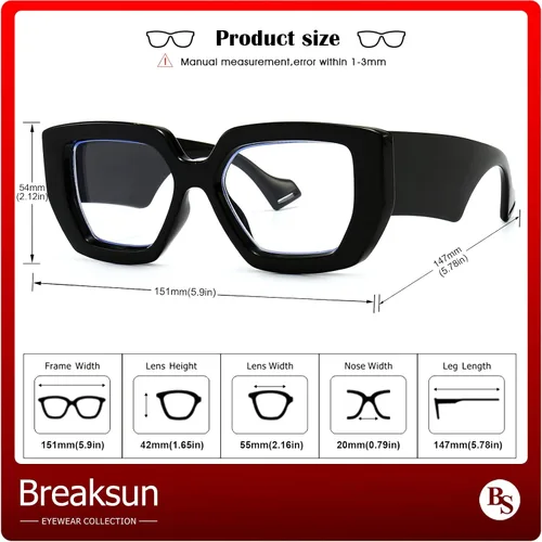 Miniatura 8 de Breaksun - Lentes de luz azul con marco grueso para mujeres y hombres, moda, cuadrados sobredimensionados, gafas de juegos de computadora