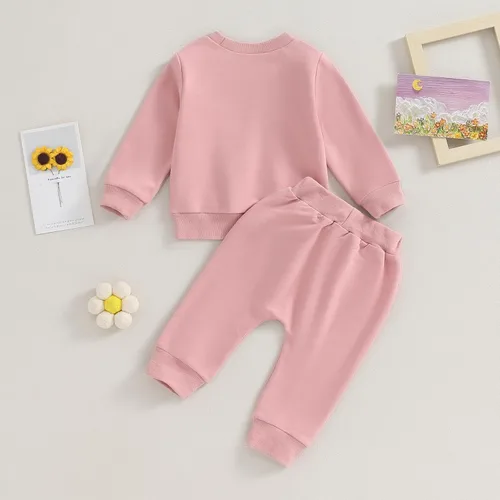 Miniatura 40 de Conjunto de 2 piezas de ropa de otoño para bebé y niña, sudadera de manga larga con cuello redondo y pantalones deportivos, conjunto de traje