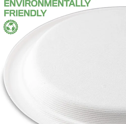 Miniatura 6 de Plato llano redondo desechable de bagazo blanco de 9 pulgadas, 100% fibras de caña de azúcar naturales compostables, resistente, a prueba de fugas
