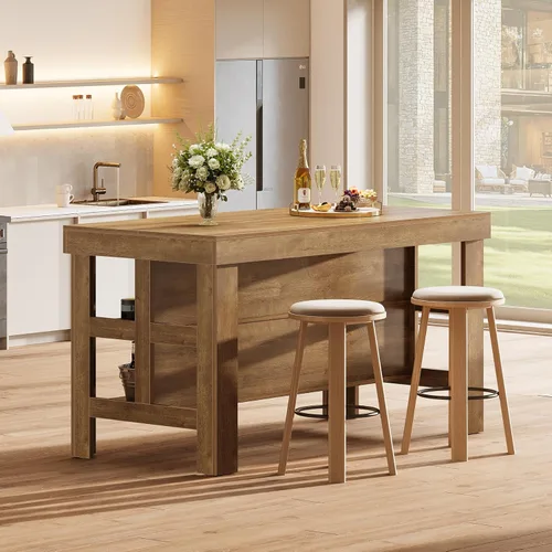 Miniatura 5 de Tribesigns Isla de cocina con estantes de asiento y almacenamiento, mostrador de desayuno de 55.1 pulgadas, mesa de isla de granja para cocina