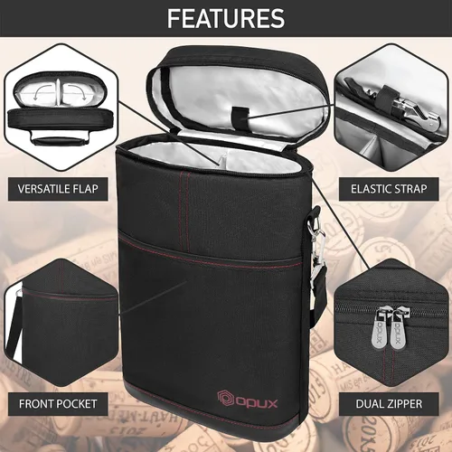 Miniatura 4 de opux - Bolsa de transporte para 2 botellas de vino, bolsa aislada y a prueba de fugas para vino, bolsa de vino para viajes, ideal para picnic, BYOB
