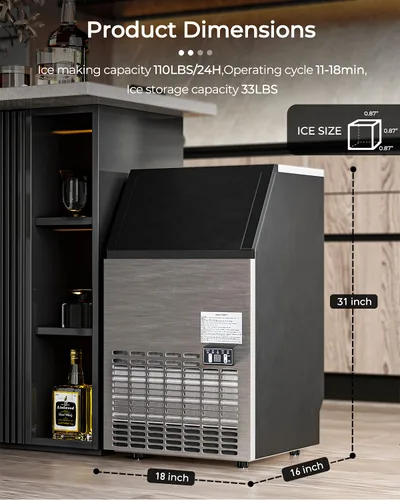 Miniatura 5 de KOTEK Máquina comercial para hacer hielo, hace 110 libras de hielo en 24 horas con capacidad de almacenamiento de 33 libras, 45 cubos, ideal