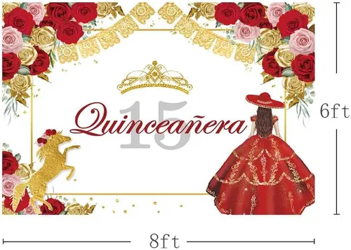 Miniatura 3 de AIBIIN Fondo de quinceañera azul de 7 x 5 pies para quinceañera para cumpleaños de 15 años, telón de fondo de fiesta mexicana, corona de rosa