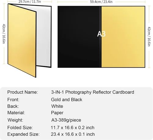 Miniatura 6 de Meking Cartón reflector de luz de 17 x 12 pulgadas, 16.9 x 11.8 in, tablero difusor de luz plegable 3 en 1 para fotografía de productos de A3-1 Pack
