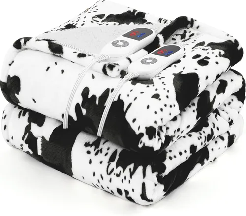 Miniatura 12 de Manta térmica con estampado de vaca negra de 50 x 60 pulgadas, manta eléctrica con 6 ajustes de calor y temporizador de 1 a 12 horas, sherpa