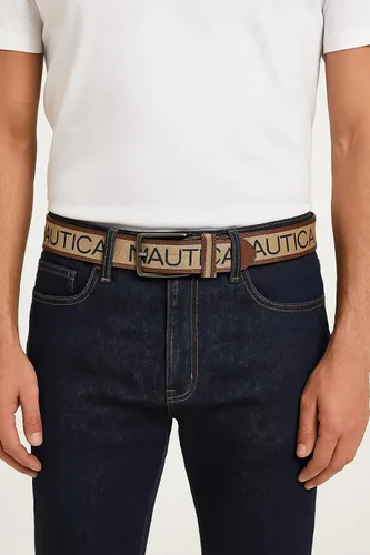 Miniatura 2 de Nautica Men's Signature Leather and Canvas Belt Ribbon Detail Flag Design Classic Casual Metal Buckle