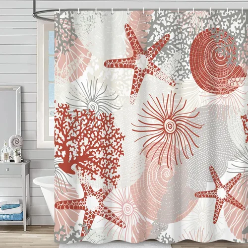 Miniatura 17 de Cortina de ducha náutica costera, cortina de baño con temática de playa y océano, decoración de baño con estrella de mar, coral, concha marina, tela