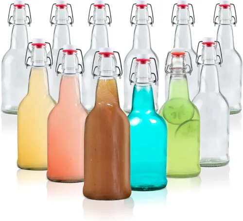 Crutello Botellas de cerveza de vidrio transparente de 16 onzas para elaboración de cerveza, kombucha, soda, jugo, paquete de 12 botellas de vidrio