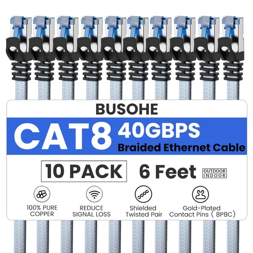 Miniatura 14 de BUSOHE Cable Ethernet Cat 8 de 50 pies, cable para conexión de red LAN, 26AWG de nailon trenzado de alta velocidad, cable plano aislado de 40 Gbps
