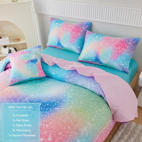 Miniatura 3 de PERFEMET Juego de edredón de tamaño completo para niñas, 6 piezas, rosa verde degradado arcoíris, juego de ropa de cama colorido tie dye con Azul
